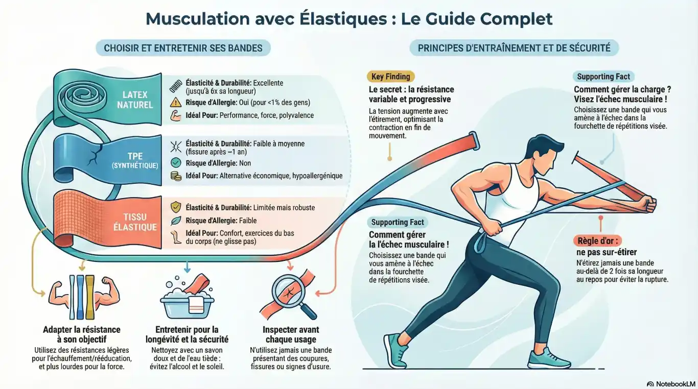 Infographie récapitulative sur les bandes élastiques de musculation : choix, matériaux et utilisation