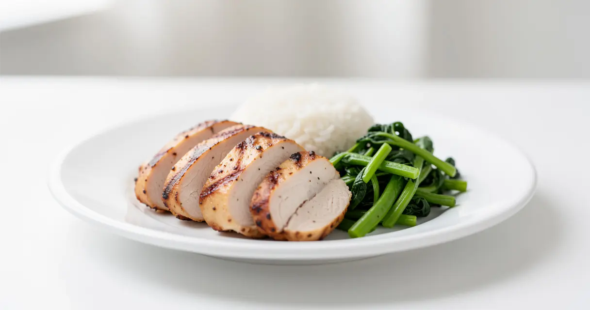 A high protein meal with grilled chicken, rice, and vegetables arranged on a clean plate for a muscle growth nutrition guide